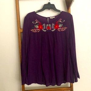 Deep purple, Lg sleeve embroidery top, sz lg, washed and hung to dry